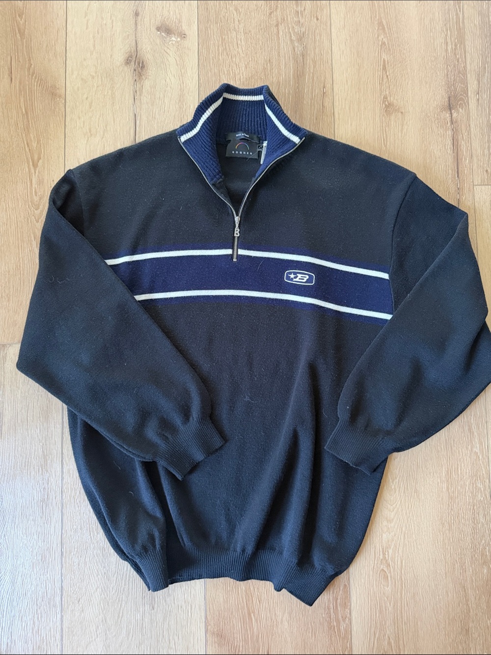 Bogner Men's Black Zip-Up Sweater with Navy Stripe Vintage Made in Italy Wool